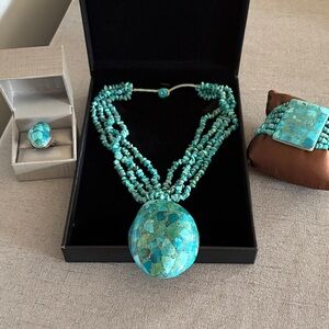 Sajen multi-strand turquoise  necklace, ring and bracelet set